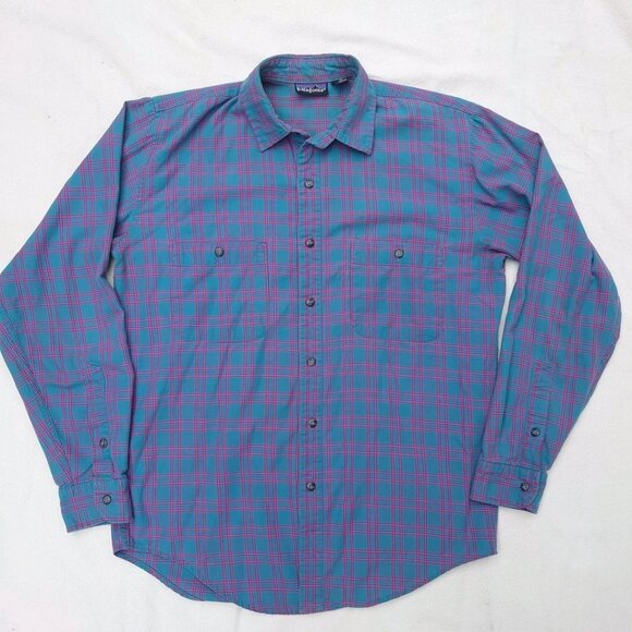 Patagonia Men's Button Down Long Sleeve Shirt Blue And Pink Plaid Small S Great - Picture 2 of 5